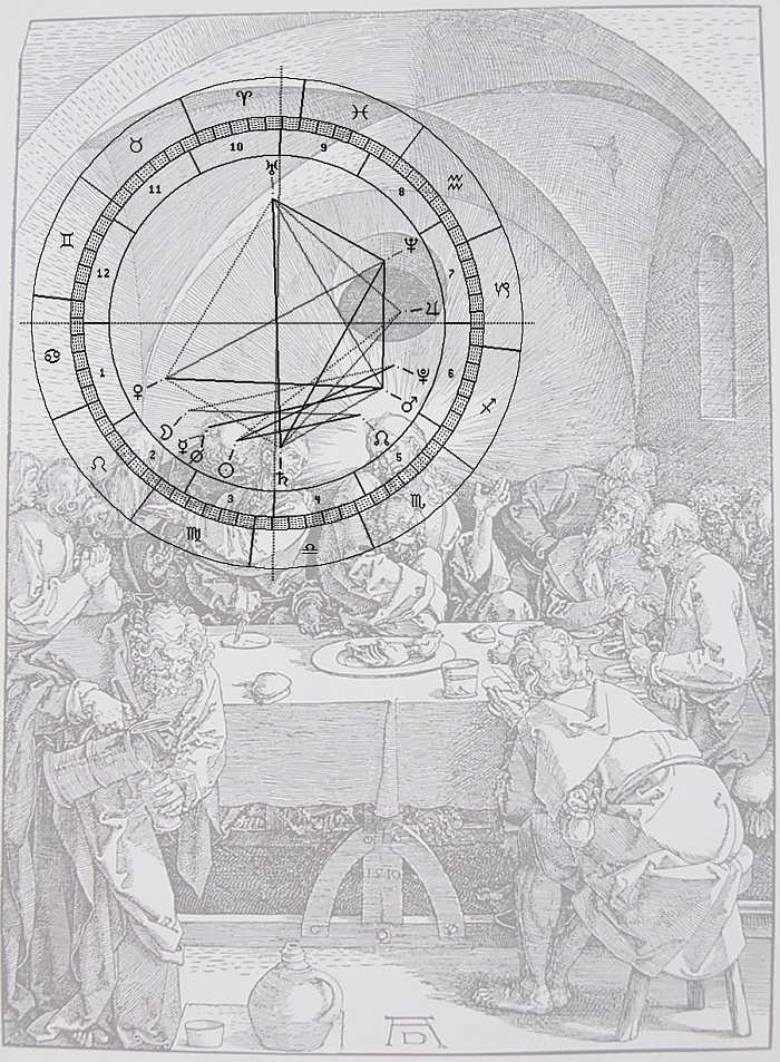 Dürer, Abendmahl, 1510 m. Planetenuhr d. J. 1510 im Strahlenkranzkreuz