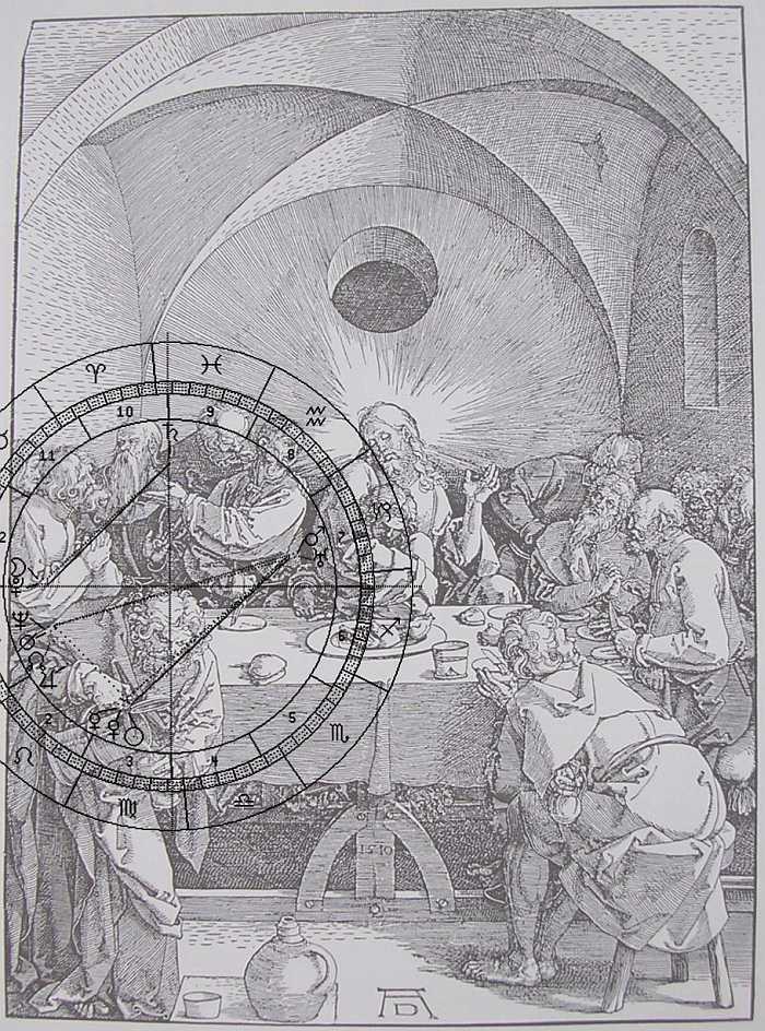 Dürer, Abendmahl, 1510 mit Planetenuhr d.Jahres 1907, links